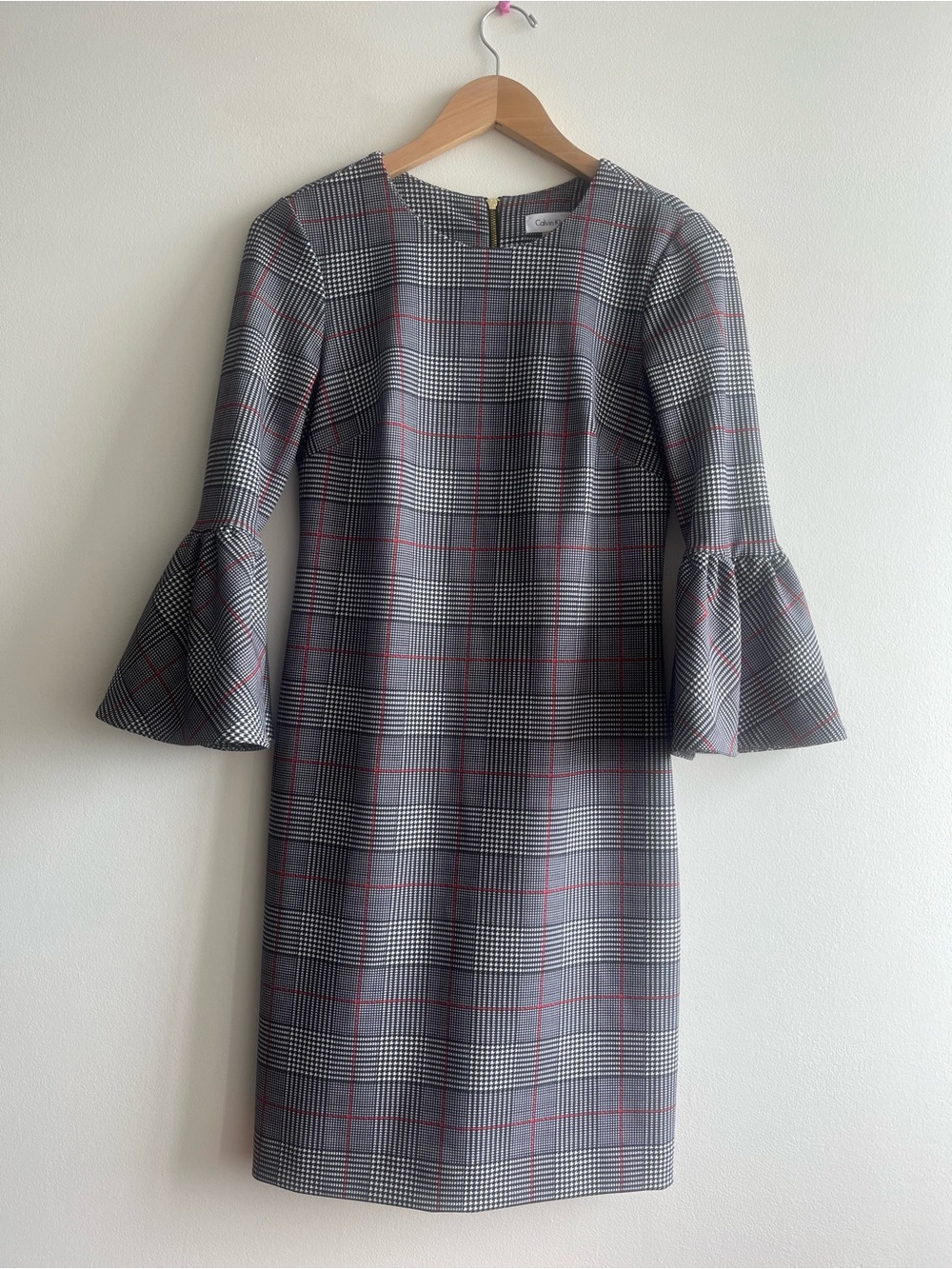 Calvin Klein Bell Sleeve Plaid Sheath Dress Size 2 Preppy Office Wear Whimsical